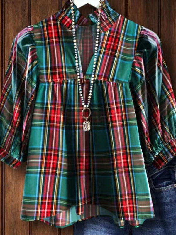 Plaid V-Neck Blouse