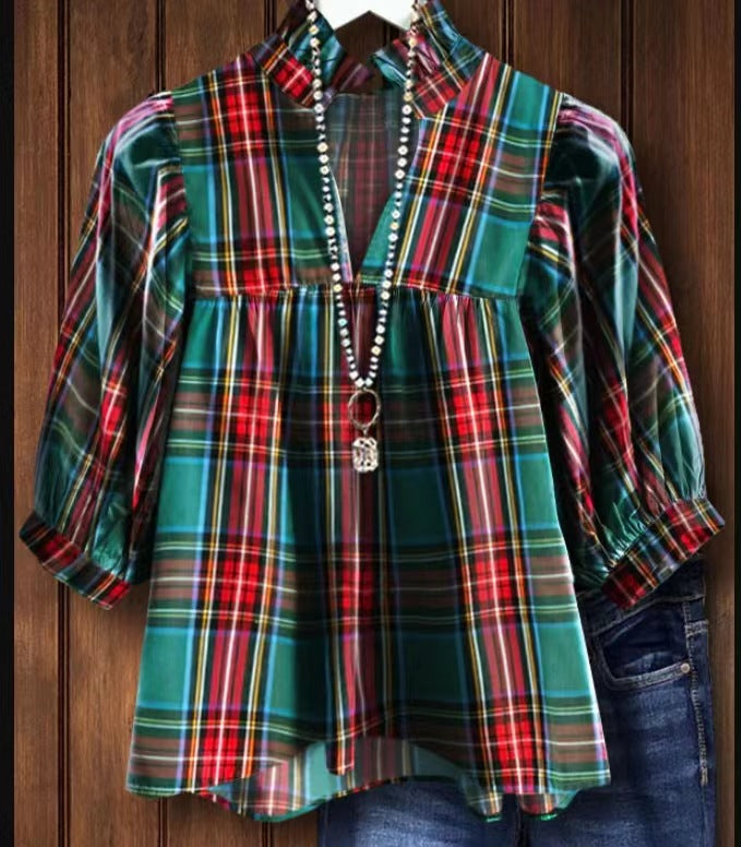 Plaid V-Neck Blouse