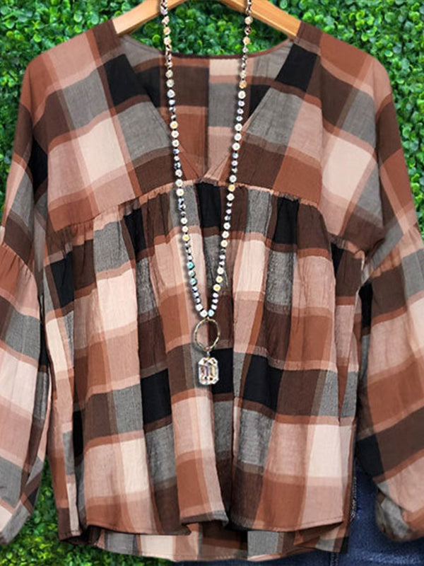 Plaid V-Neck Blouse