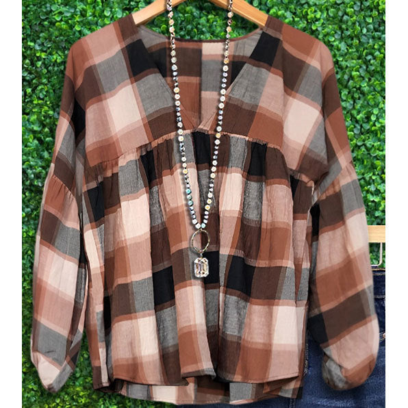 Plaid V-Neck Blouse