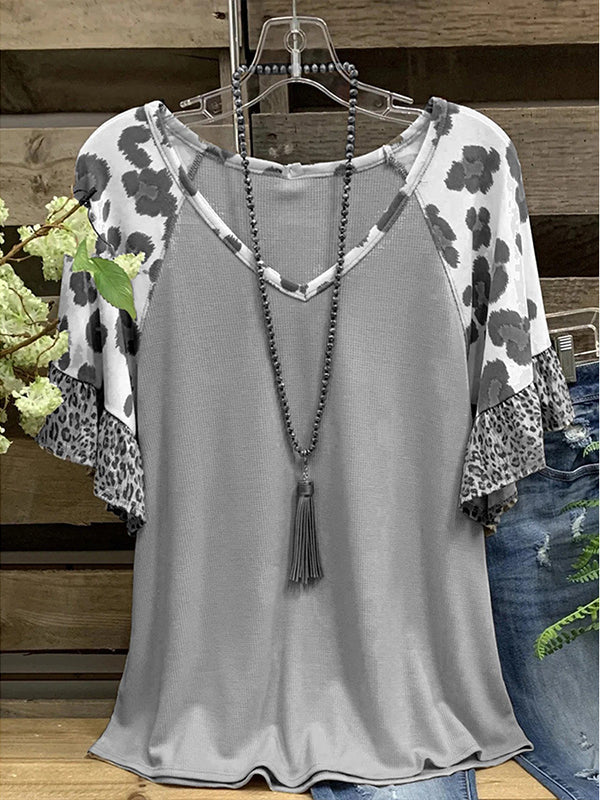 Printed V-Neck Ruffle Tee