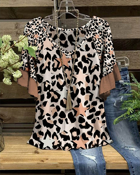 Printed V-Neck Ruffle Tee