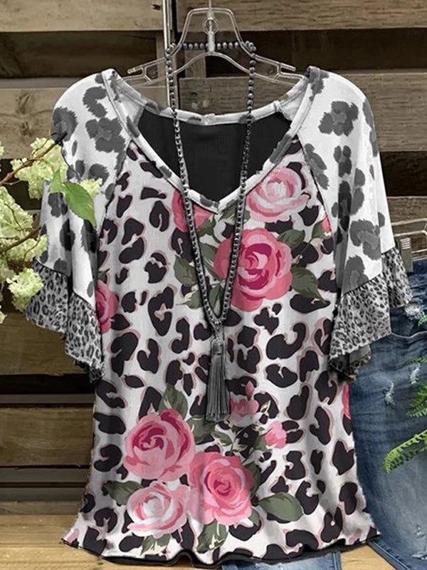 Printed V-Neck Ruffle Tee