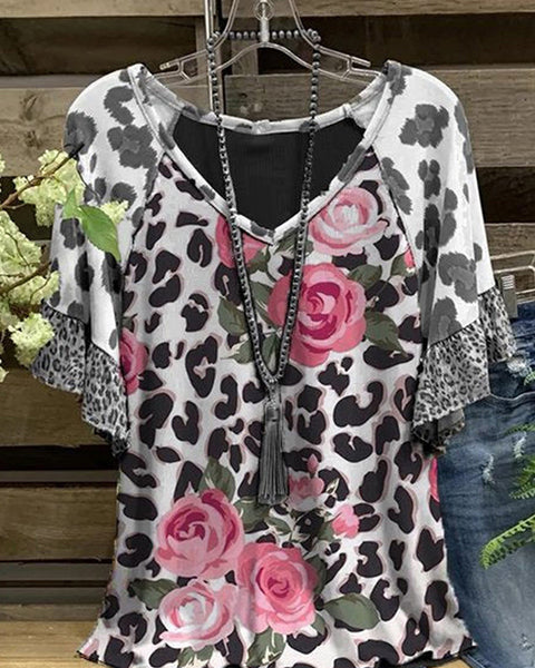 Printed V-Neck Ruffle Tee