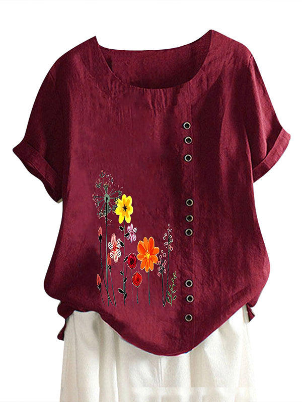 Flowers Print Button Tee