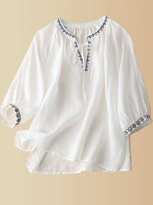 Embroidery V-Neck Tied Shirt
