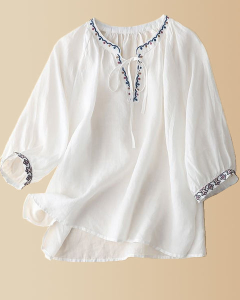 Embroidery V-Neck Tied Shirt