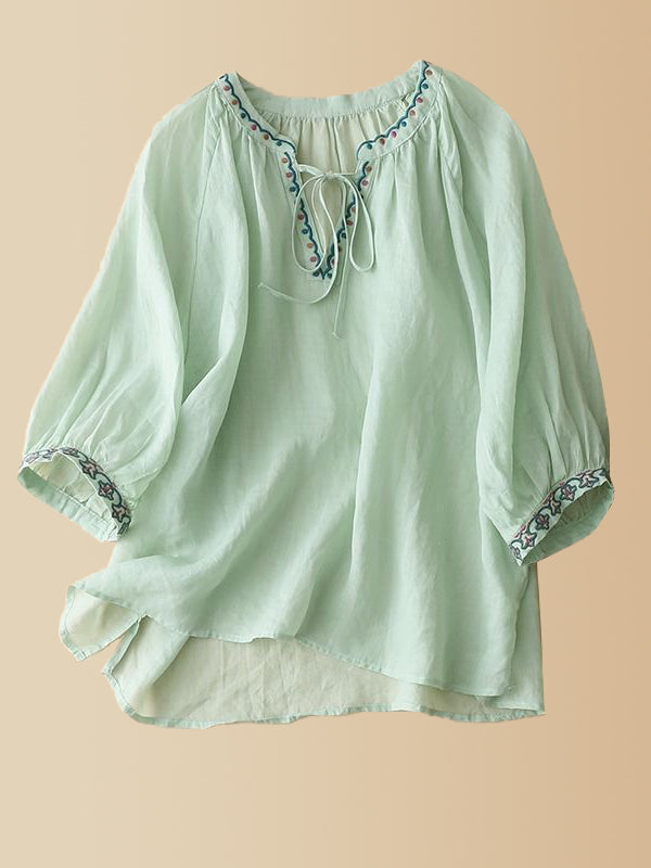 Embroidery V-Neck Tied Shirt