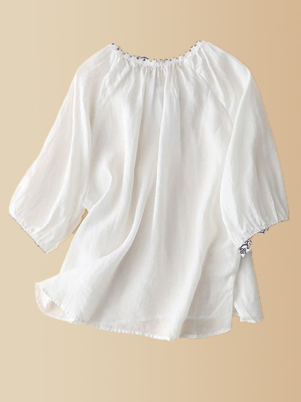 Embroidery V-Neck Tied Shirt