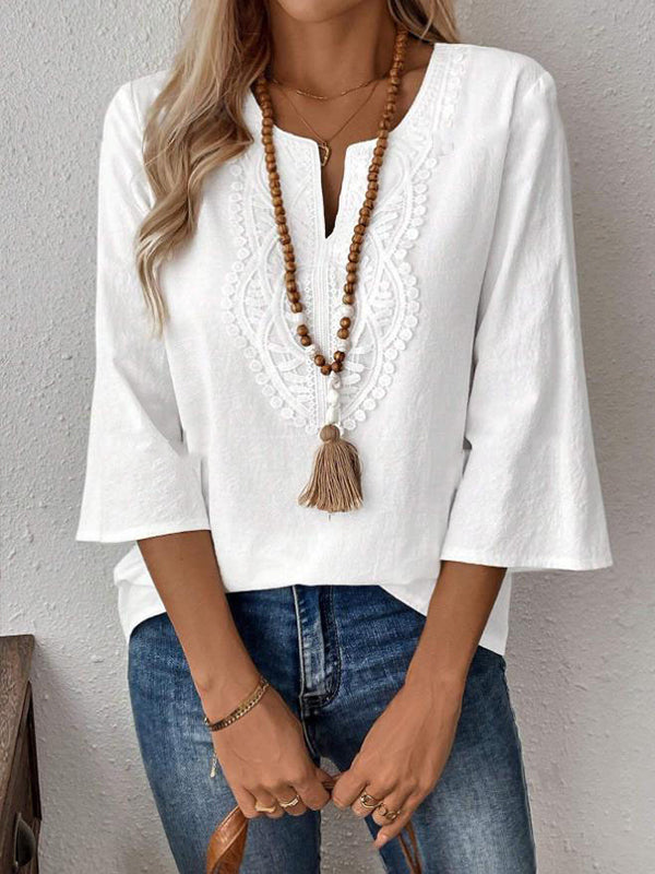 Lace-Combo V-Neck Top