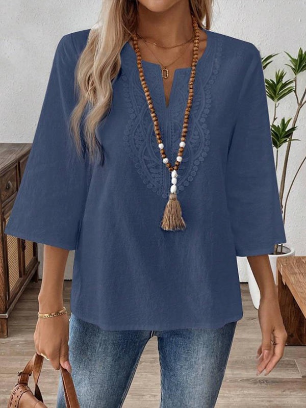 Lace-Combo V-Neck Top