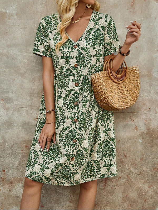 Printed V-Neck Button Dress