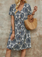 Printed V-Neck Button Dress