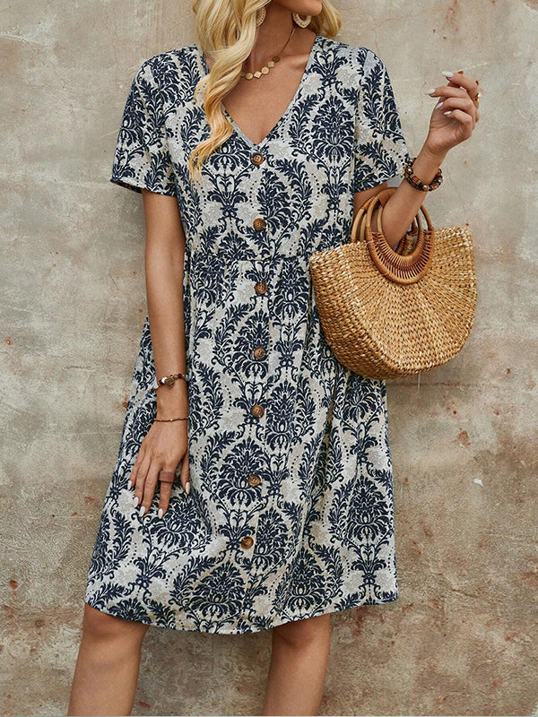 Printed V-Neck Button Dress