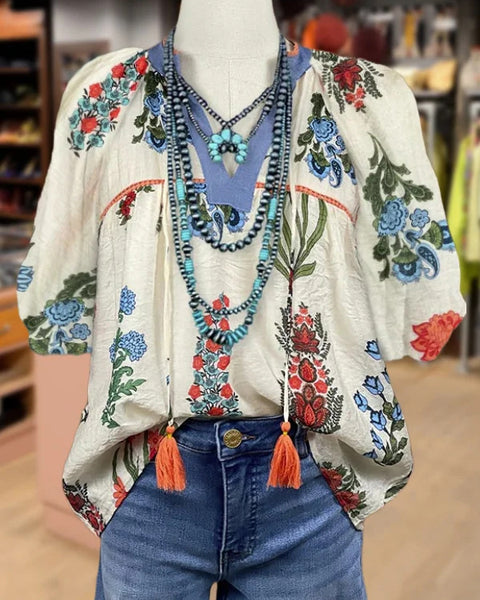 Printed V-Neck Blouse
