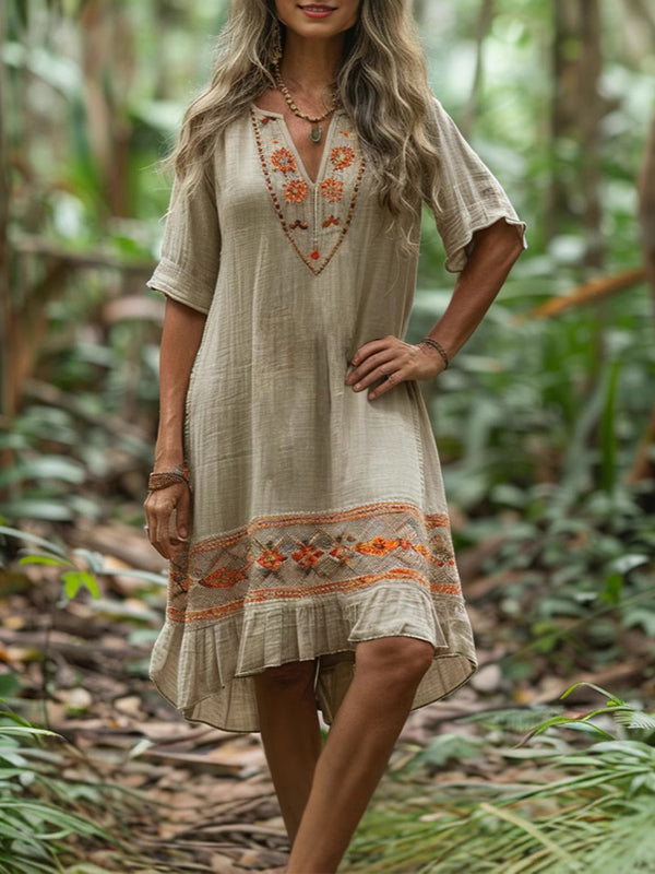 Printed V-Neck Ruffle Dress