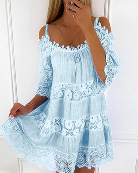 Lace-Combo Cold-Shoulder Dress