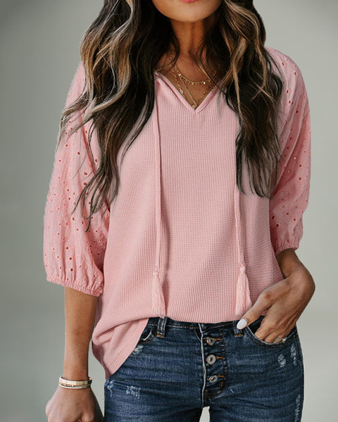 Lace-Combo V-Neck Top