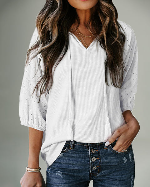 Lace-Combo V-Neck Top