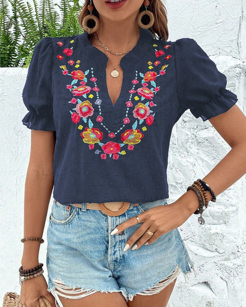 Embroidery V-Neck Shirt
