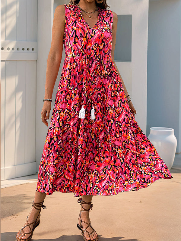 Printed V-Neck Sleeveless Dress