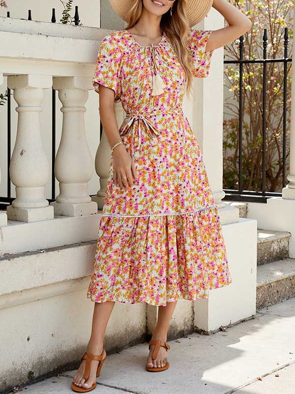 Printed Tied Ruffle Dress