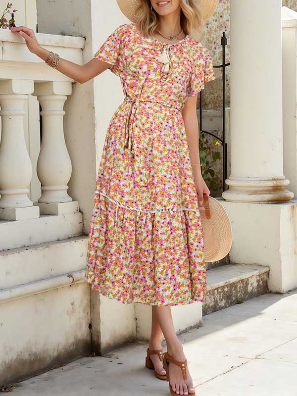 Printed Tied Ruffle Dress
