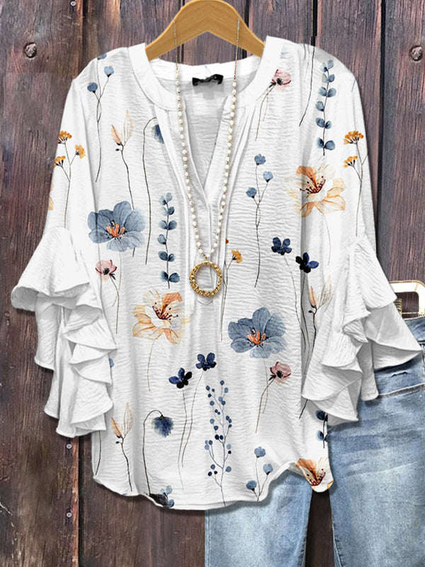 Printed-Combo V-Neck Blouse