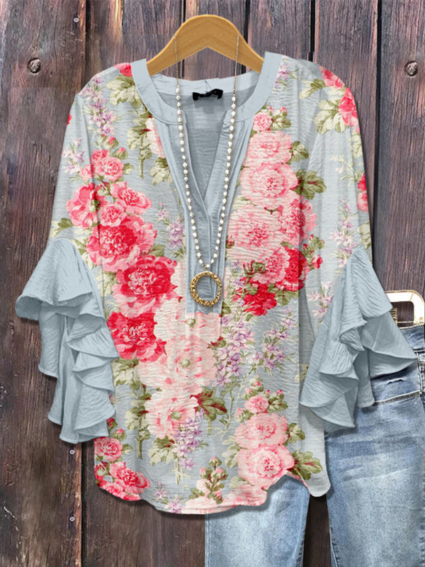 Printed-Combo V-Neck Blouse