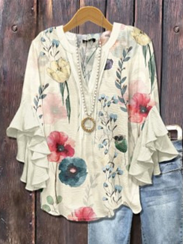 Printed-Combo V-Neck Blouse