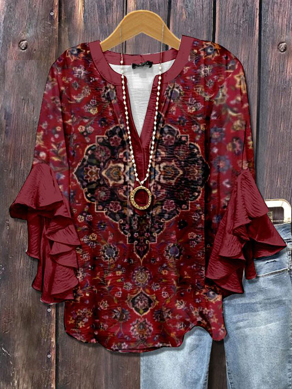 Printed-Combo V-Neck Blouse