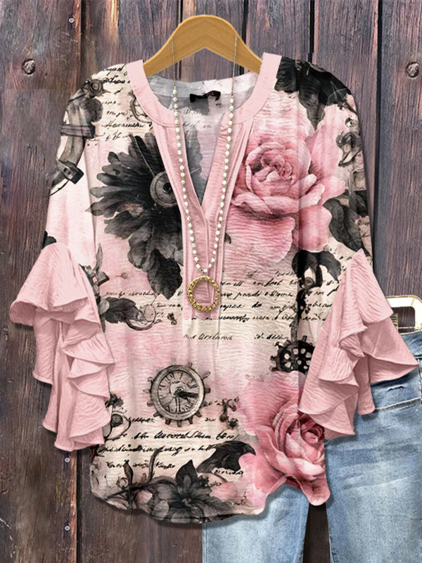 Printed-Combo V-Neck Blouse