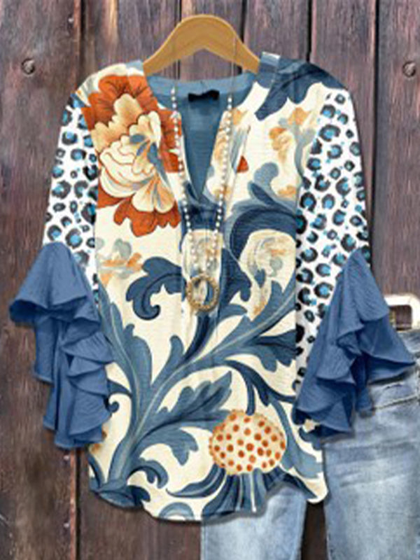 Printed-Combo V-Neck Blouse