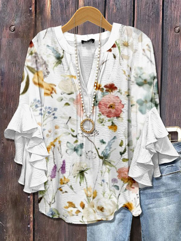 Printed-Combo V-Neck Blouse