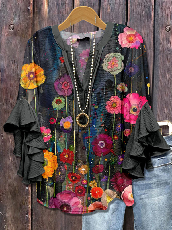Printed-Combo V-Neck Blouse