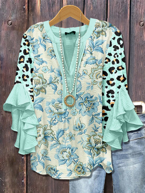 Printed-Combo V-Neck Blouse