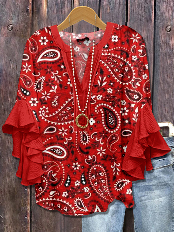 Printed-Combo V-Neck Blouse