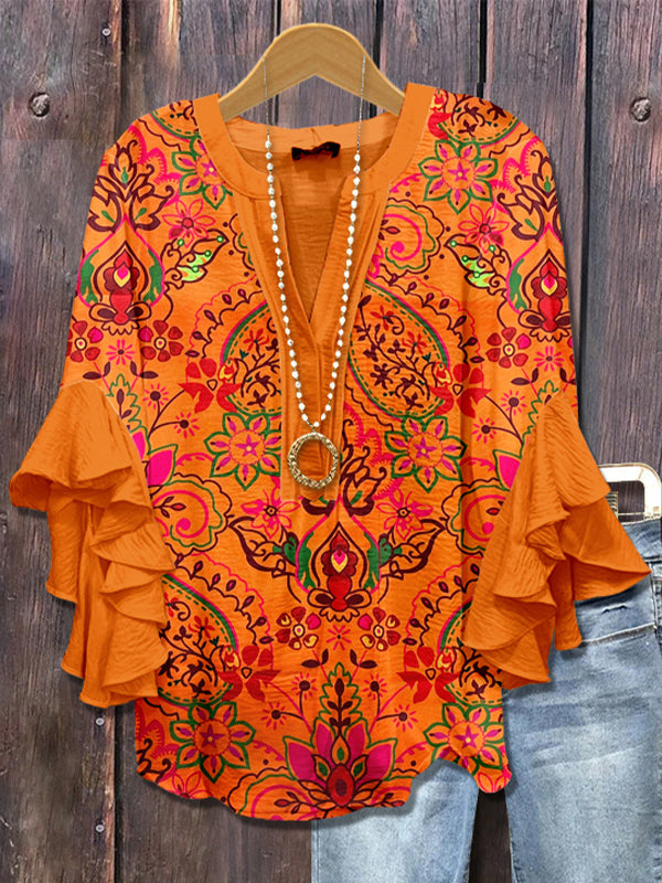 Printed-Combo V-Neck Blouse