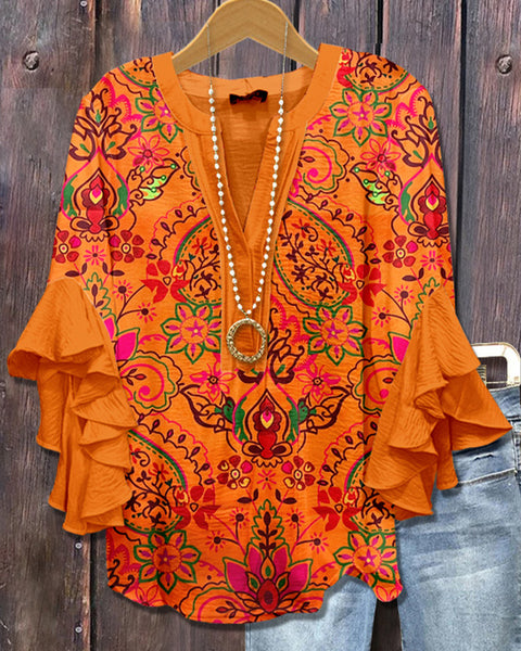 Printed-Combo V-Neck Blouse