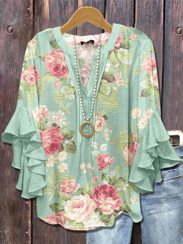 Printed-Combo V-Neck Blouse