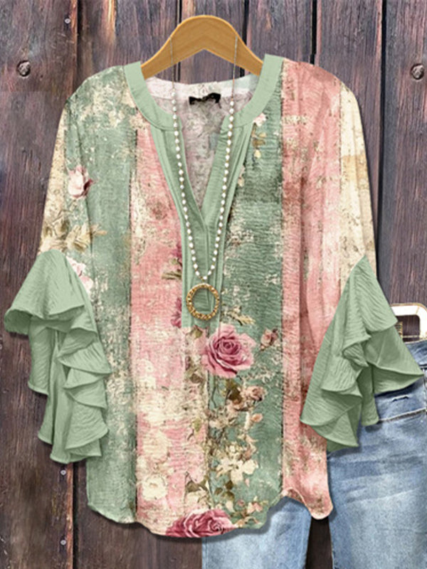Printed-Combo V-Neck Blouse