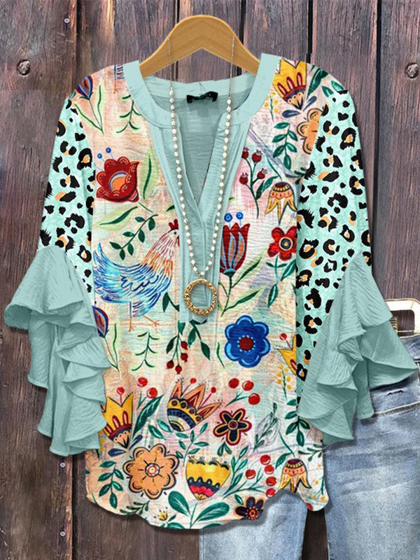 Printed-Combo V-Neck Blouse