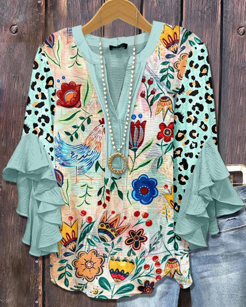 Printed-Combo V-Neck Blouse