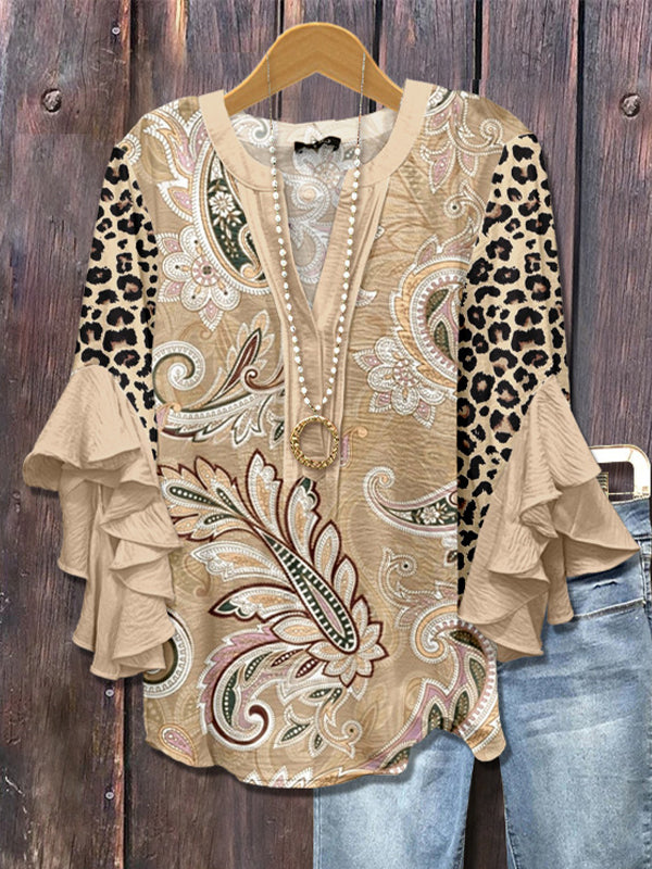 Printed-Combo V-Neck Blouse