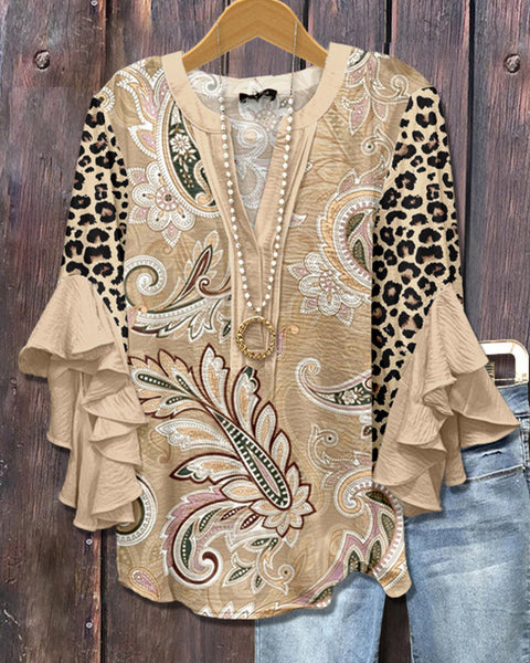 Printed-Combo V-Neck Blouse