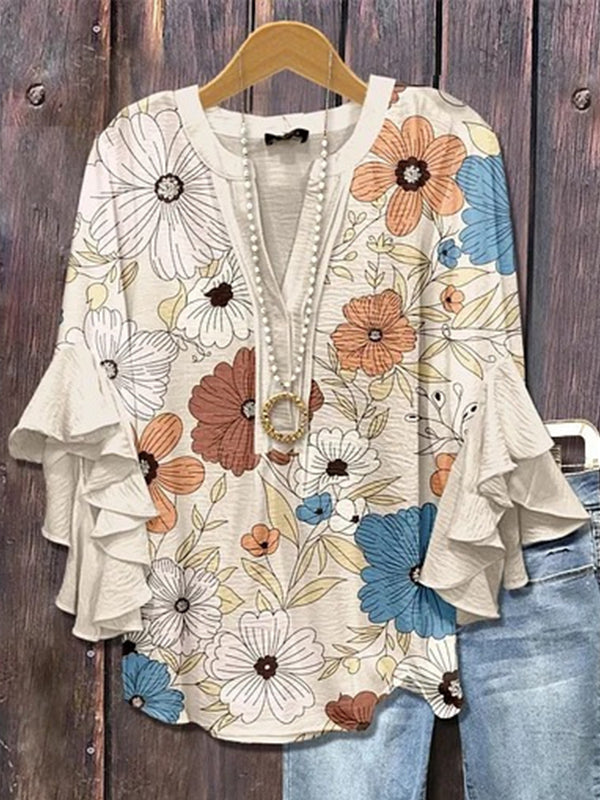 Printed-Combo V-Neck Blouse