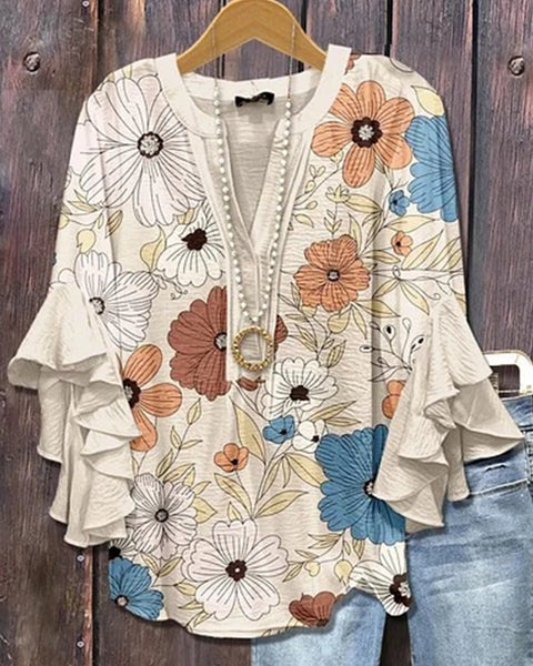 Printed-Combo V-Neck Blouse