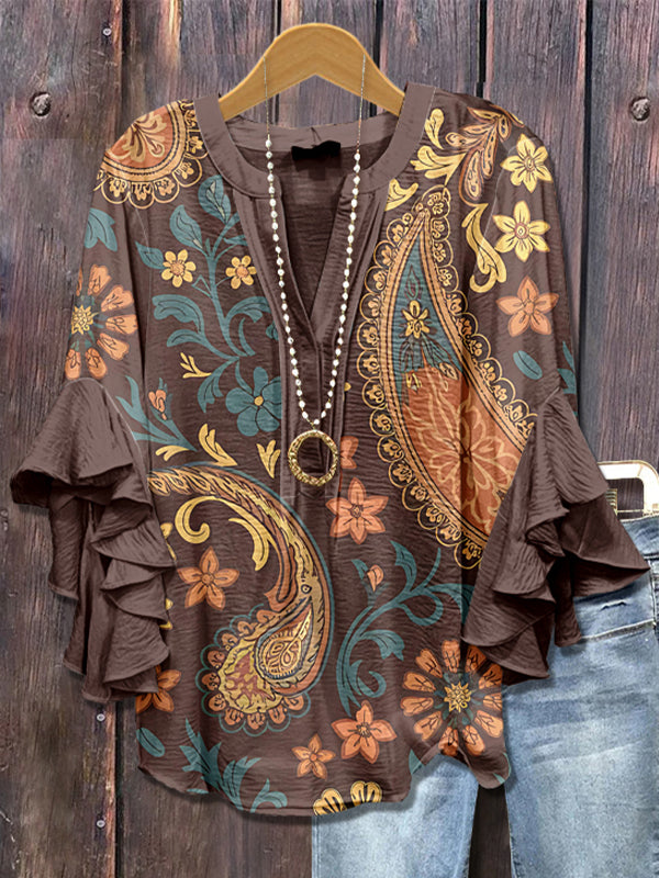 Printed-Combo V-Neck Blouse