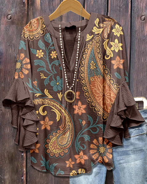 Printed-Combo V-Neck Blouse