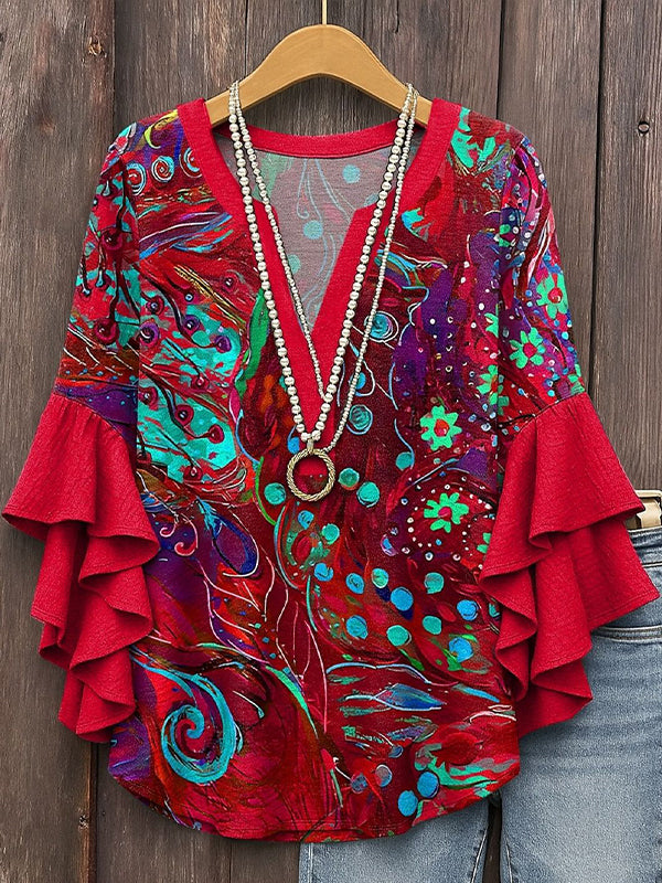 Printed-Combo V-Neck Blouse
